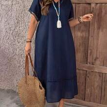yonghongmaoyi1  Vestido casual holgado de unicolor con cuello en V y mangas cortas para mujer de talla grande - Azul - Ver 1