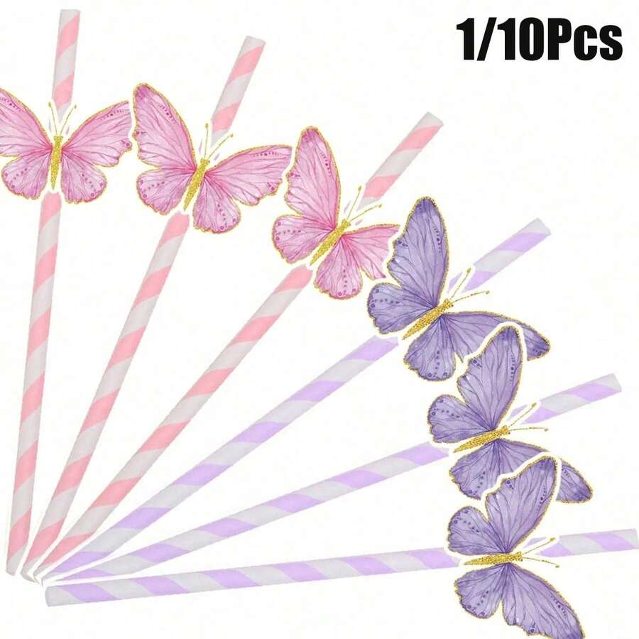 1/10pcs Butterfly Wing Paper Straws, Multi-Occasion Party Supplies, Suitable For Wedding, Bridal Shower, Birthday, Event And Celebration Decoration Drinking Straws