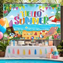 1pc Summer Party Decorations, Hello Summer Beach Party Backdrop Banner, Colorful Beach Scene Photography Background - View 2