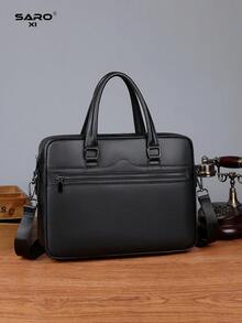 saroxi Tas Laptop Pria, Kapasitas Besar untuk Dokumen dan Perlengkapan Kantor, Gaya Komuter Bisnis, Kulit PU, Tekstur Leci Minimalis Warna Polos, Hadiah untuk Suami, Perlengkapan Penting Musim Gugur - Hitam - View 2