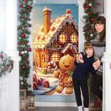 Gingerbread Christmas Door Cover, 35 X 71 Inch Happy Xmas Cute Gingerbread House Front Door Backdrop Banner Decoration, Candyland Porch Banner For Winter Holiday Party Supplies - Brown - View 3