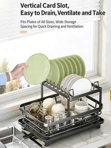 2-Tier Dish Drying Rack With Utensil Holder, Large Capacity Stainless Steel Dish Rack With Drain Tray, Kitchen Countertop Organizer For Plates, Bowls & Cutlery - View 5