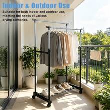 Ein Wäscheständer mit Rollen, doppelten horizontalen Stangen, verstellbar von 80-140 cm, zusammenklappbarer, robuster Wäscheständer, ausgestattet mit Rollen, geeignet für Schlafzimmer, Wohnzimmer, Terrassen, Innenhöfe und Balkone. - A - Übersicht 2