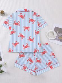 2pcs/Set Women's Pajama Set, Crab Print, Women's Loungewear, Spring/Summer Holiday Outfit, Short Sleeve Lapel Top And Shorts, Can Be Worn Out - Blue - View 2