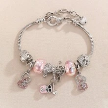 1pc Sweet Style Pink Tone Musical Note Beaded Bracelet With Hollow Heart Pendant Silver Snake Chain Adjustable Everyday Versatile Accessory - Musical Note Beaded Bracelet - View 2