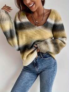 Plus Size Women's Gradient V-Neck Long Sleeve Loose Casual Sweater - Multicolor - View 8