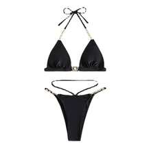 Nuovo costume da bagno bikini sexy stile triangolo con catena colore unito per donna - nero - Visualizzare 5