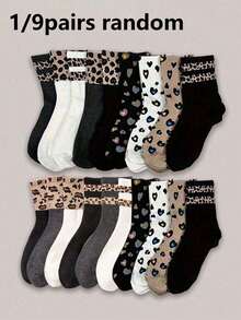 1/9 pares de meias femininas aleatórias com estampa de leopardo e coração, cano médio, estilo minimalista, casual, único, vintage, perfeito para o dia a dia. - Multicolorido - Ver 2