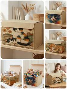 1pc Large Capacity Felt Storage Box With Cat Pattern, Practical Home Organizer For Clothes, Blankets, Bedding And Miscellaneous Items, Suitable For Closet, Living Room And Bedroom - Multicolor - View 1