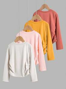 4pcs/Set Girls Toddler Autumn/Winter Sweet Cute Casual Bow Print Long Sleeve Top & Bottom Set, Round Neck, New - Multicolor - View 3