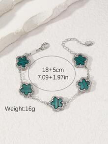 1pc Five-Leaf Clover Multicolor Rhinestone Inlaid Fashionable Elegant Premium Women's Bracelet (No Packaging Box) - Silver Stripes - View 6