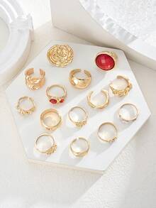 Bộ 14 chiếc nhẫn nữ phong cách vintage thời trang màu vàng, thiết kế bất đối xứng cá tính đính đá quý đa sắc sang trọng kiểu Old Money, phù hợp đeo hàng ngày, hẹn hò, đi du lịch, làm quà tặng - Vàng - Xem 5
