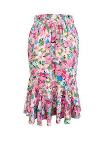 Floral Fitted Mermaid Skirt With High Waist Design, Ruffle Hem, Polyester Fabric, Elastic Waist, Suitable For Spring/Summer Vacation Wear Pink - Pink - View 2