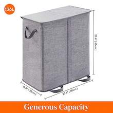 Lifewit Cesta Doble para Ropa Sucia con Tapa y Bolsas de Lavandería Extraíbles Grande Plegable Cesto para la Ropa Sucia con 2 Compartimientos y Asas para Dormitorio Baño Cuarto de Lavado - Gris - Ver 6