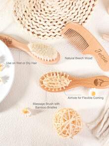 Personalized Name 3-In-1 Hair Comb Set, With Birth Flower Pattern, Beech Wood Children's Grooming Set, Birthday Gift - Birth Flower - View 9