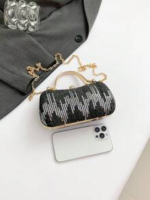 Bolso de noche de lujo estilo Ins con strass, diseño de asa de metal, detalles exquisitos de strass, tamaño pequeño, versátil para citas, fiestas y reuniones - Negro - Ver 4