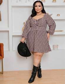Women's Plus Size Loose-Fitting Checkered Jumpsuit Dress - 棕黑色 - 查看 1