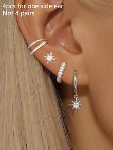 4件套精美锆石星星耳环套装，时尚耳钉耳骨环饰品 - 4pcs-Silver-13# - 查看 1