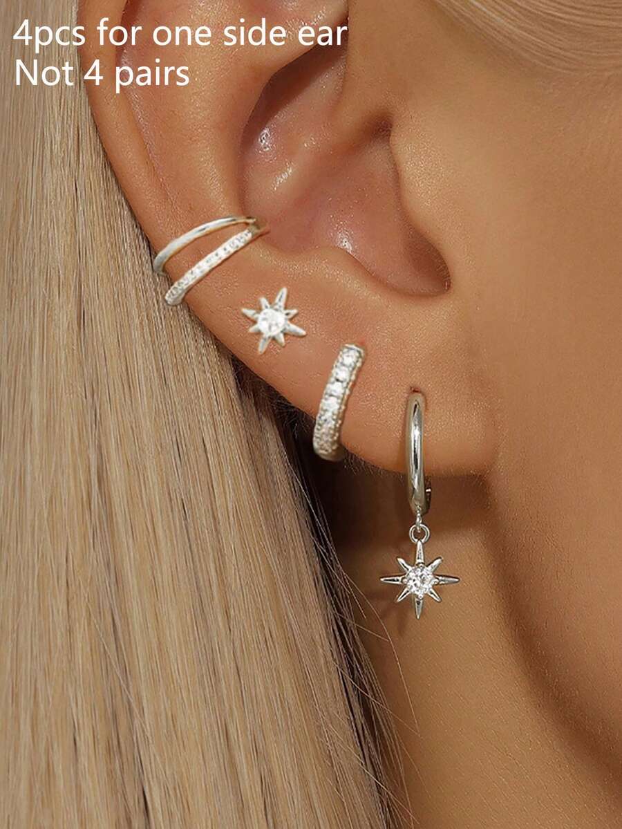 4件套精美锆石星星耳环套装,时尚耳钉耳骨环饰品 - 4pcs-Silver-13# - 查看 1