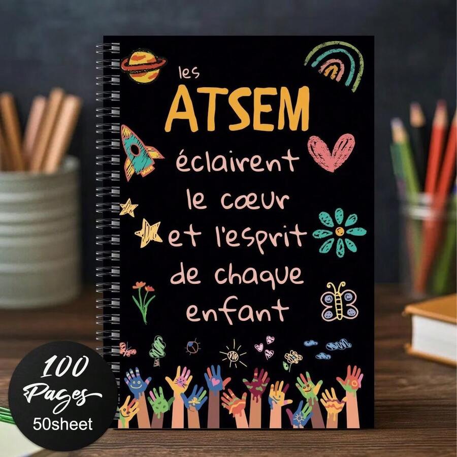 1 Beautiful French ATSEM Thank You Notebook - Black Spiral, 100 Pages, Colorful Educational Design, Featuring Handprints, Flowers, And Inspirational Phrases - Perfect Gift For Teachers, Farewells, Graduations Or Birthdays - D - View 1