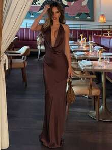 New Halter Evening Dress Deep V Neck Lace-Up - 棕色 - 查看 2