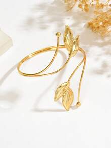1pc Fashionable Personalized Double Leaf Texture Open Arm Cuff, Minimalist Textured 3D Leaf Geometric Open Adjustable Arm Decor, Suitable For Music Festivals, Balls And Parties - Gold - View 4