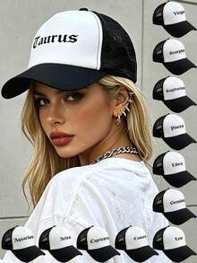 1pc Black & White Grid Baseball Cap, 12 Zodiac Signs Customized, Street Style Essential, Fashion Enthusiast Hat - Black and White - View 1