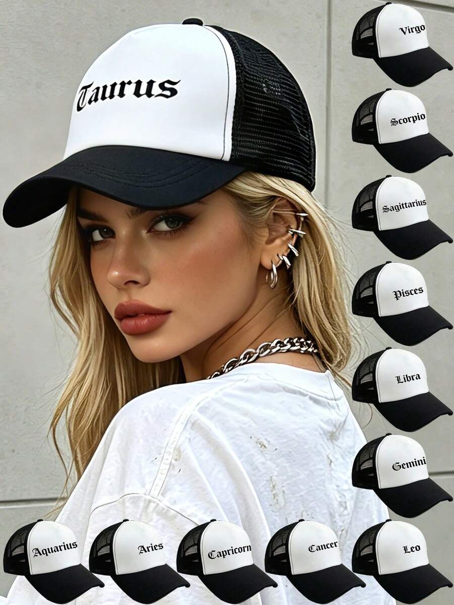 1pc Black & White Grid Baseball Cap, 12 Zodiac Signs Customized, Street Style Essential, Fashion Enthusiast Hat - Black and White - View 1