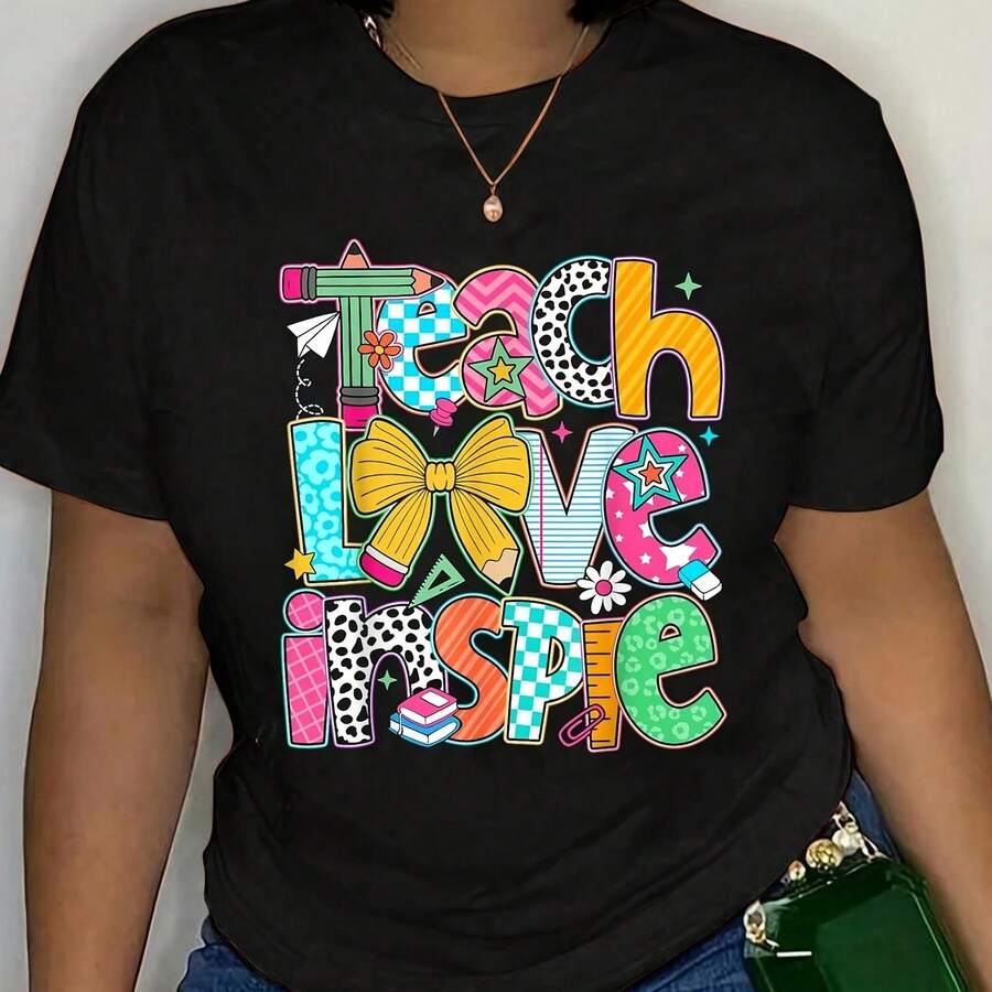Cotton Teach Love Inspire Back To School Tea S Girls T-Shirt 's Wo's Sofomfort Breathable Tee Classic Big & Tall Shirt - 黑色 - 查看 1