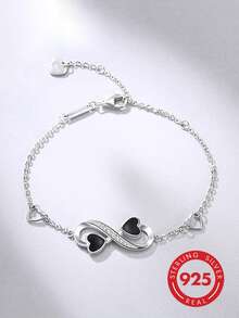 1pc S925 Sterling Silver Women's Infinity Heart Bracelet, Inlaid With Black Diamonds, Hypoallergenic, Suitable For Women's Daily Wear, Perfect Gift For Mother's Day, Christmas, Valentine's Day Or Birthday, Comes With Gift Box. - Silver - View 6