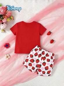 Baby Girls T-Shirt Set, Summer Disney Korean Sweet Style Regular Fit Round Neck Bright Red Strawberry Minnie Mouse Print T-Shirt + White Strawberry Floral All-Over Print Shorts Set, Casual Daily Outing Vacation Party Outfit, Suitable For Girls Under 3 Years Old - Red - View 2