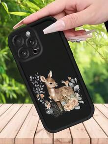 1件梯形框架多巴胺創意花朵與可愛鹿手機殼，適用於Apple 16/17 Pro Max，全覆蓋防震保護套，極簡設計，柔軟可愛卡通風格，為您的手機提供完美保護，適用於Honor X7/Galaxy A56 5G/Smart 8/Hot 40/Spark 30C/Spark Go 2024/Note 14 5G/E22/E22i/A54 - 黑色 - 查看 3