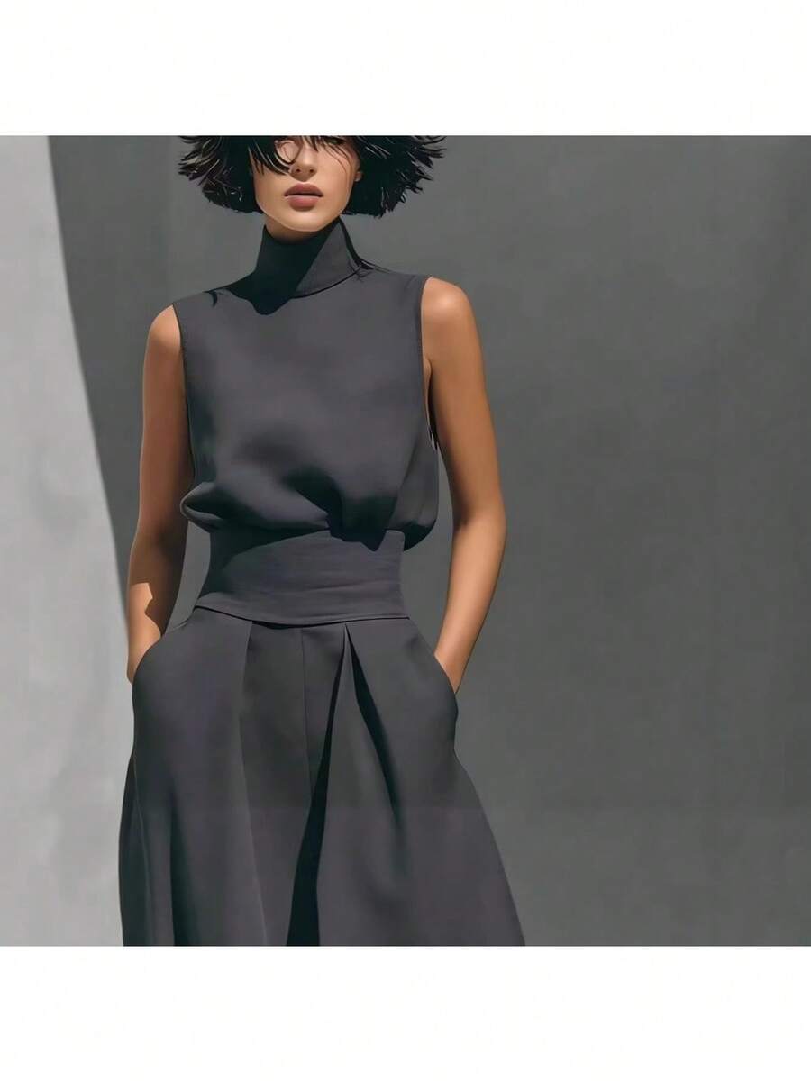 Nueva blusa sin mangas de mezcla de algodón y lino, de estilo sencillo y elegante para mujer, con diseño liso y pantalones anchos - Negro - Ver 1