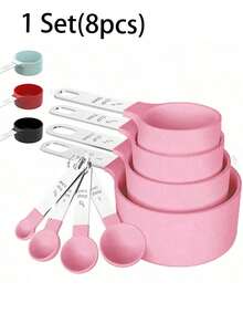 8pcs Stackable Measuring Cups And Spoons Set, Nested Stainless Steel Handle Measuring Cups, Kitchen Tools For Cooking And Baking - Multicolor - View 1