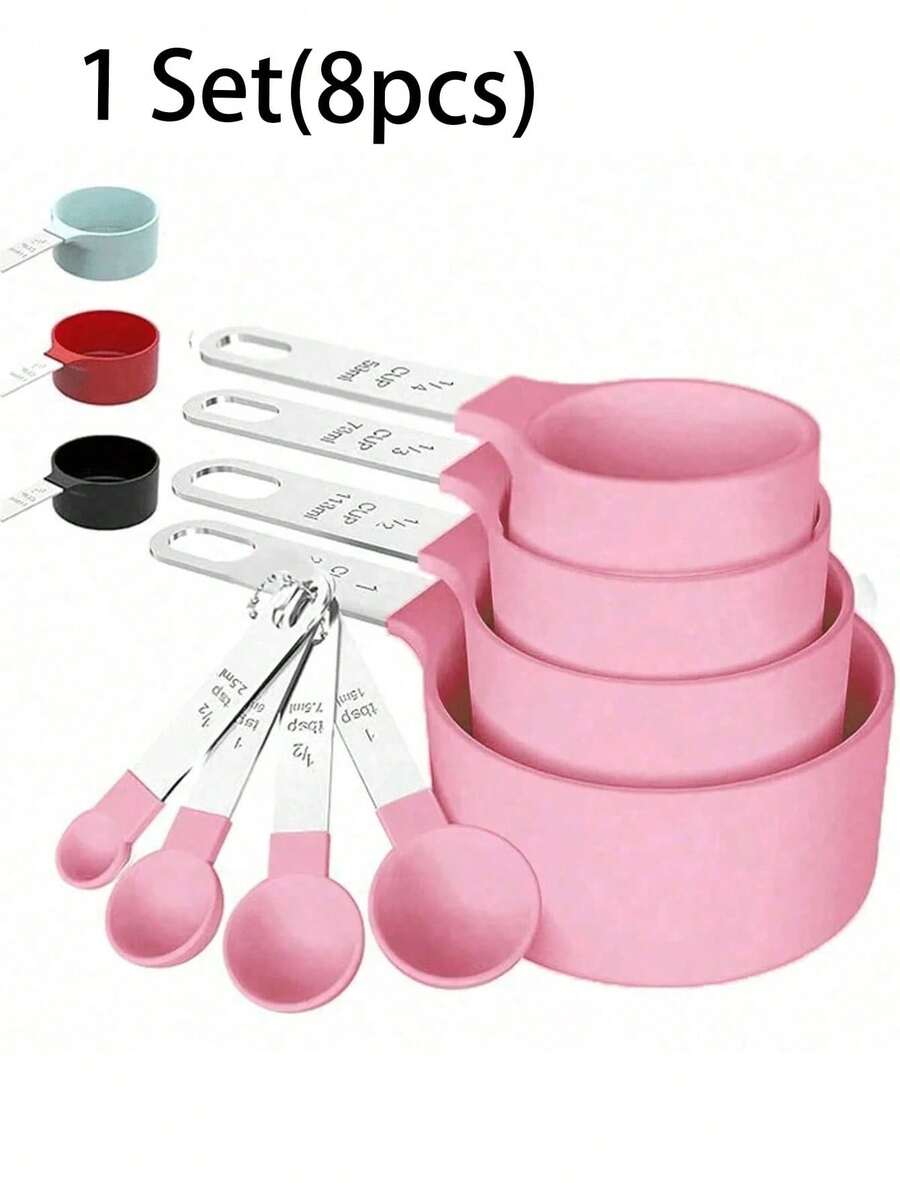 8pcs Stackable Measuring Cups And Spoons Set, Nested Stainless Steel Handle Measuring Cups, Kitchen Tools For Cooking And Baking - Multicolor - View 1