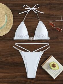 New 2026 Model: Three-Piece Bikini With Straps And Chain, In A Solid Color, For The Beach - 白色 - 查看 1