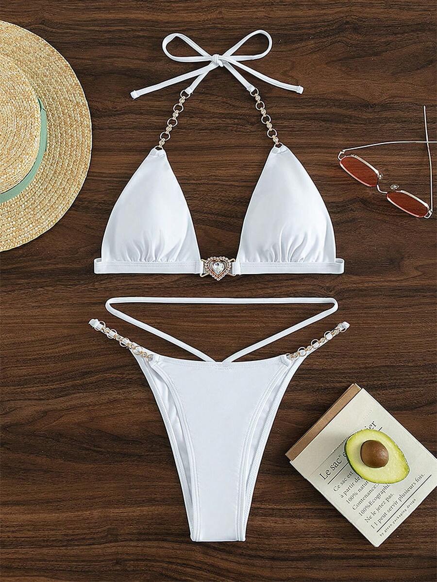 New 2026 Model: Three-Piece Bikini With Straps And Chain, In A Solid Color, For The Beach - 白色 - 查看 1