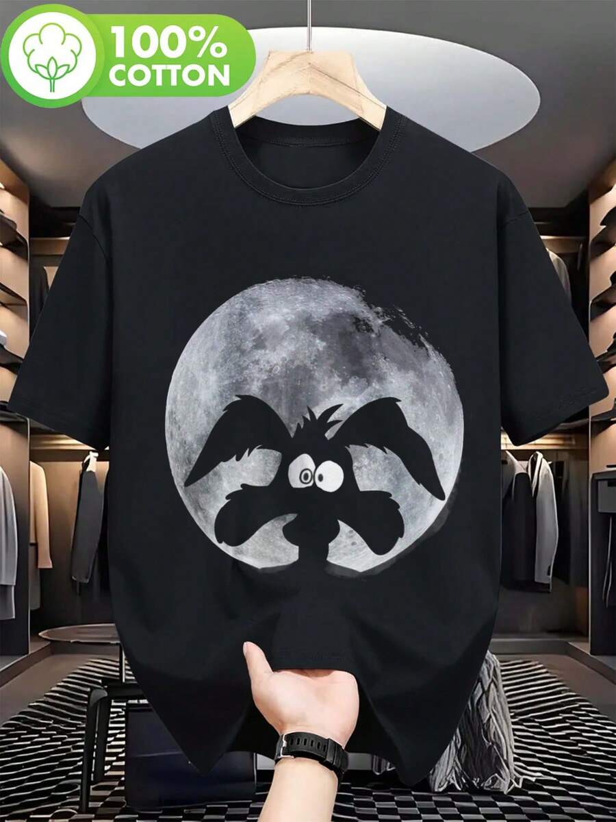 Camiseta divertida con motivos de lobos/koalotes aullando y perro lunar - Camiseta gráfica 100% unisex de estilo bohemio inspirada en los lobos en blanco y negro, de manga corta y cuello redondo para hombre, todas las tallas, lavable a máquina, ropa casual. - Negro - Ver 1