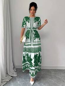 New 2026 Model: Floral A-Line Dress, Short Sleeve, Boat Neck, Elegant For Summer - Pale Yellow - View 3