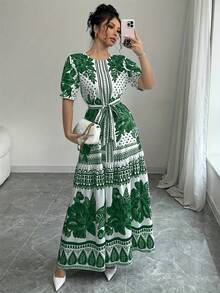 New 2026 Model: Floral A-Line Dress, Short Sleeve, Boat Neck, Elegant For Summer - Pale Yellow - View 5