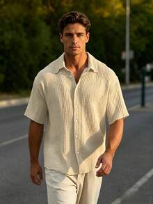 Men's Casual Short-Sleeve Shirt, Loose And Lightweight In Cotton, Basic Style For Summer - Khaki - View 1