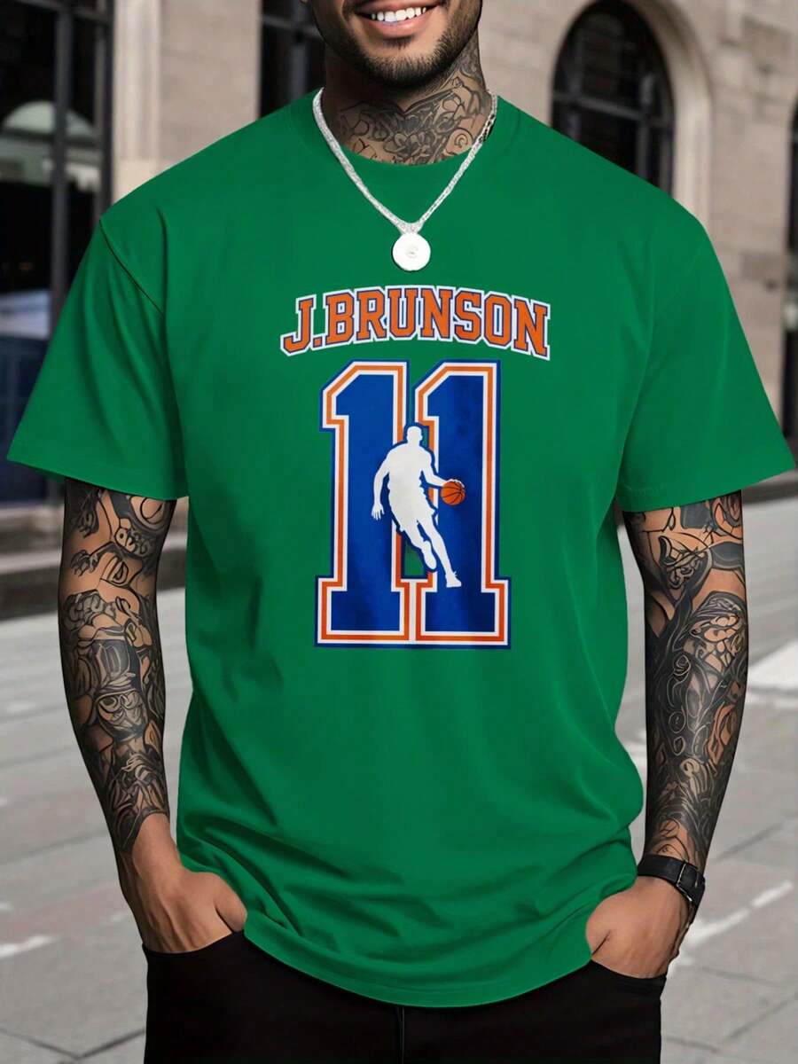 Camiseta de talla grande para hombre Brunson No.11 con estampado de baloncesto, verde, manga corta, tela transpirable y agradable al tacto, elasticidad moderada, cuello redondo, cómoda para - Blanco - Ver 1