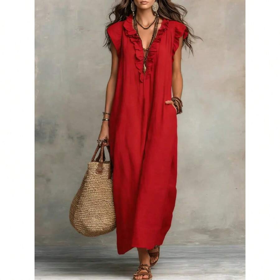 2026 European And American Spring And Summer New Bohemian Flying Sleeves And Ground Length - Red - View 1