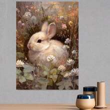Póster en lienzo sin marco 2D plano, 2D plano, 1 pieza, pintura floral de conejo en estilo pastoral, decoración natural cálida. Arte de pared vertical moderno vintage, póster impreso a todo color de alta calidad, decoración temática de la naturaleza para sala de estar, dormitorio, oficina - Enmarcado - Ver 3