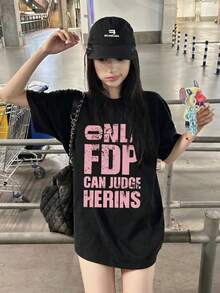 Y2K風格舒適女款短袖T恤，黑色復古水洗字母印花T恤，夏季寬鬆休閒上衣 - 黑色 - 查看 2