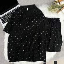 2pcs/Set Women's Mini Polka Dot Printed Pajama Set With Contrast Trim Button-Down Shirt And Bow Tie Shorts, Perfect For Home Wear In Summer White Set,Two Pieces Set - 黑色 - 查看 10