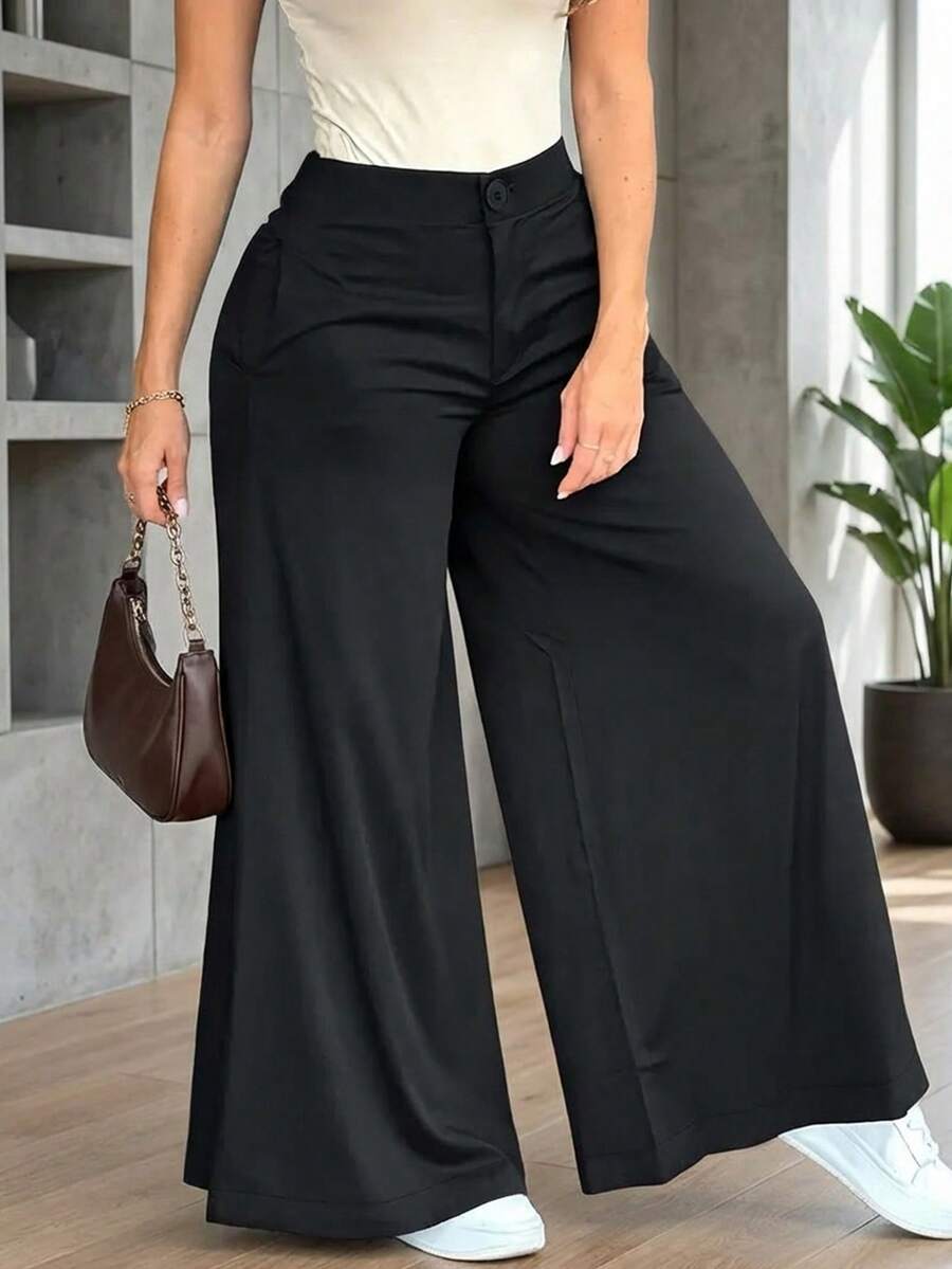 Women's Casual, Loose-Fitting, Wide-Leg Trousers In A Solid Color, Elegant And Minimalist Style For Spring - 黑色 - 查看 1