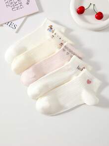 5 Paar Damen süße niedliche weiße rosa atmungsaktive Schleife Herz Hundemuster kurze Socken Knöchelsocken Crew-Socken, geeignet für tägliche Freizeitkleidung, zufällige Farben - Verschiedenfarbig - Übersicht 5