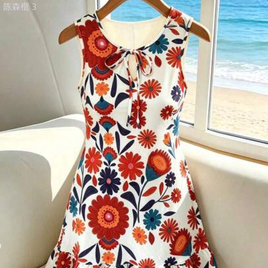 yonghongmaoyi1  Vestido de verano elegante con estampado floral de cuello redondo sin mangas y ajustado para mujer de talla grande, vestido de verano cómodo y casual, - Multicolor - Ver 1