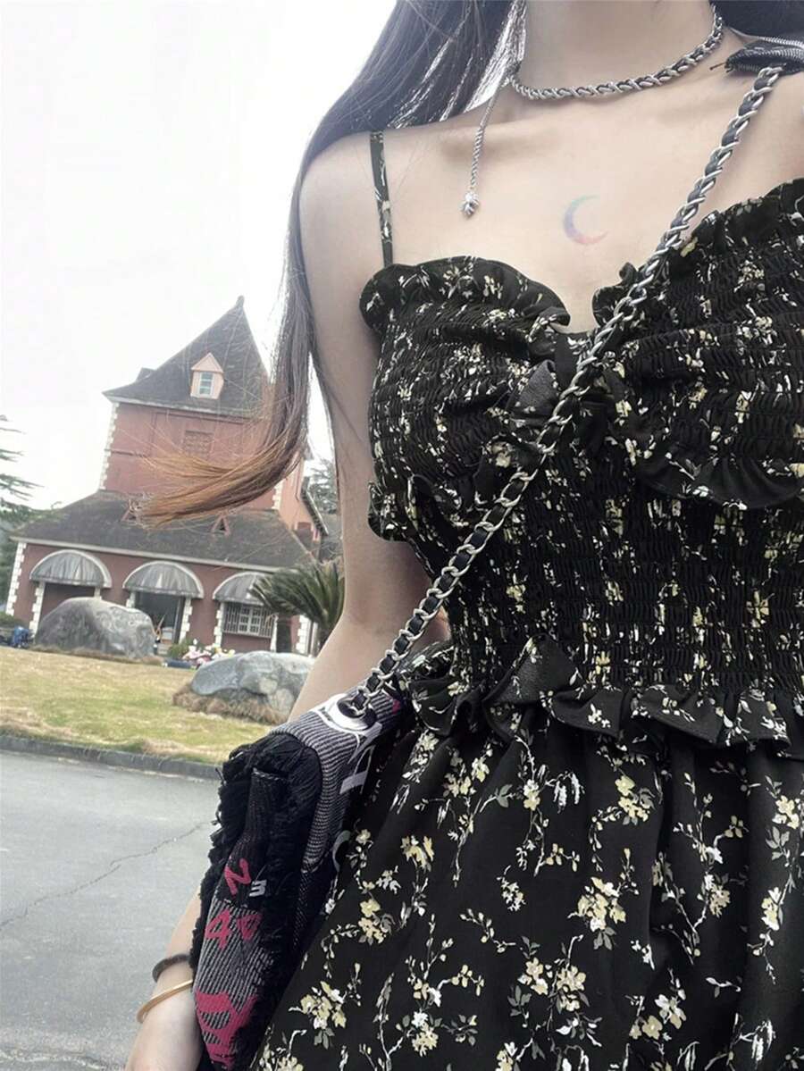 女款花卉波西米亞風優雅可愛荷葉邊層次感休閒晚宴約會中長洋裝 度假黃色夏季 - 黃色 - 查看 1